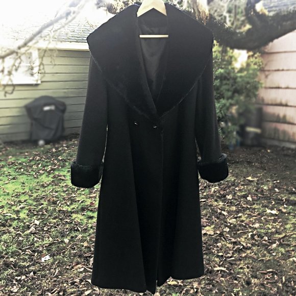 EX+ VTG 30s Style WOOL COAT Faux Fur Cuffs Oversize Collar Fit & Flare STUNNING - Picture 14 of 15